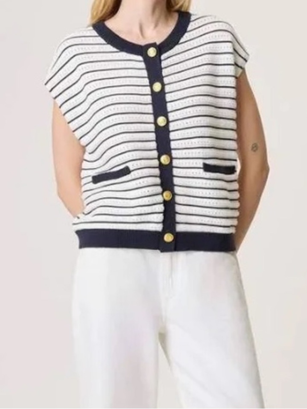 Rag & Bone NWT size Large Evelyn Stripe Sweater‎ Vest Button Front Ivory Multi